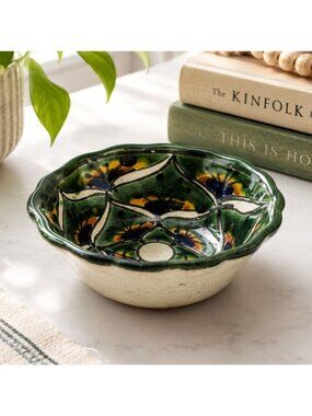 Hand-Painted Vintage Ceramic Bowl With Floral Design - Green & Yellow - 6" Diame